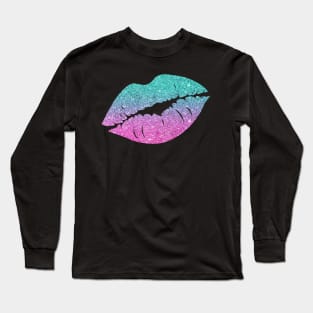 Bright Teal Pink Ombre Faux Glitter Lips Long Sleeve T-Shirt